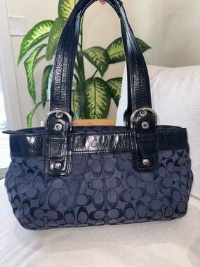 COACH Soho Pleated Signature Canvas Leather Midnight Blue Shoulder Tote #F16044